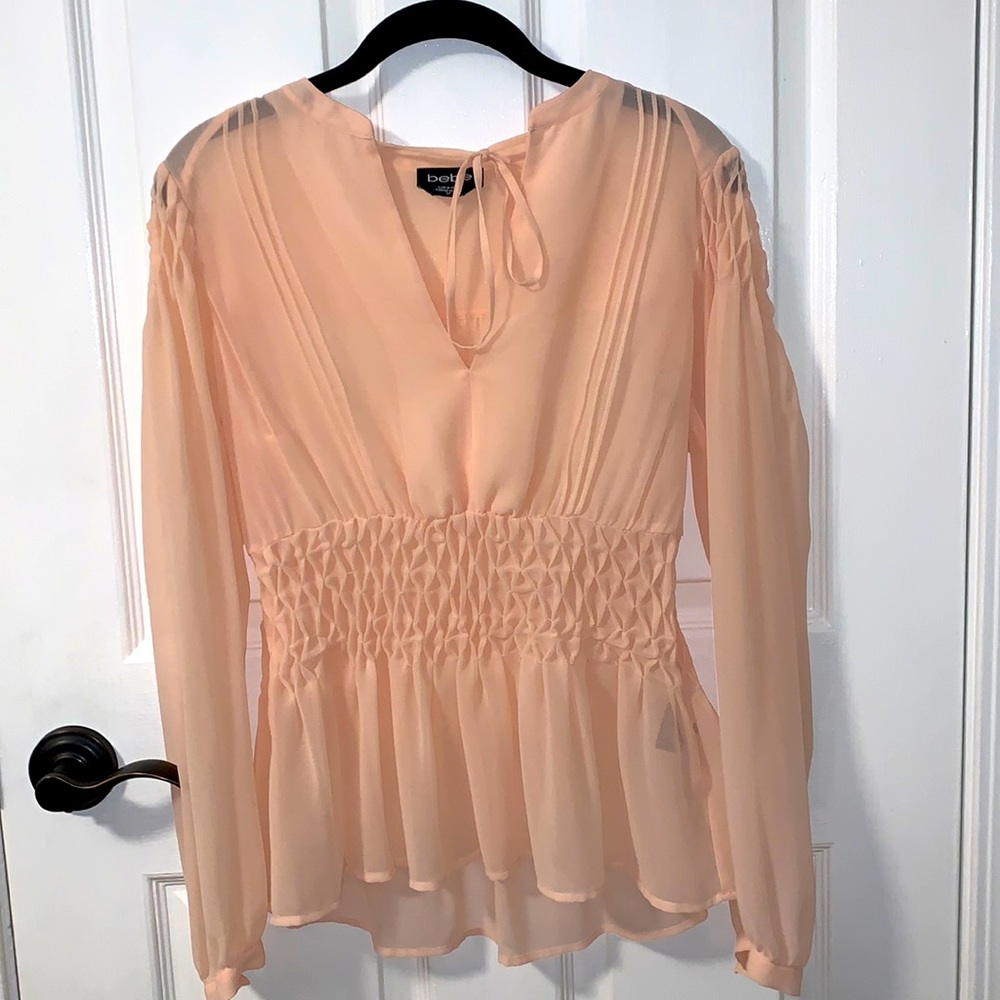 Bebe blush rose sheer long sleeve blouse, small